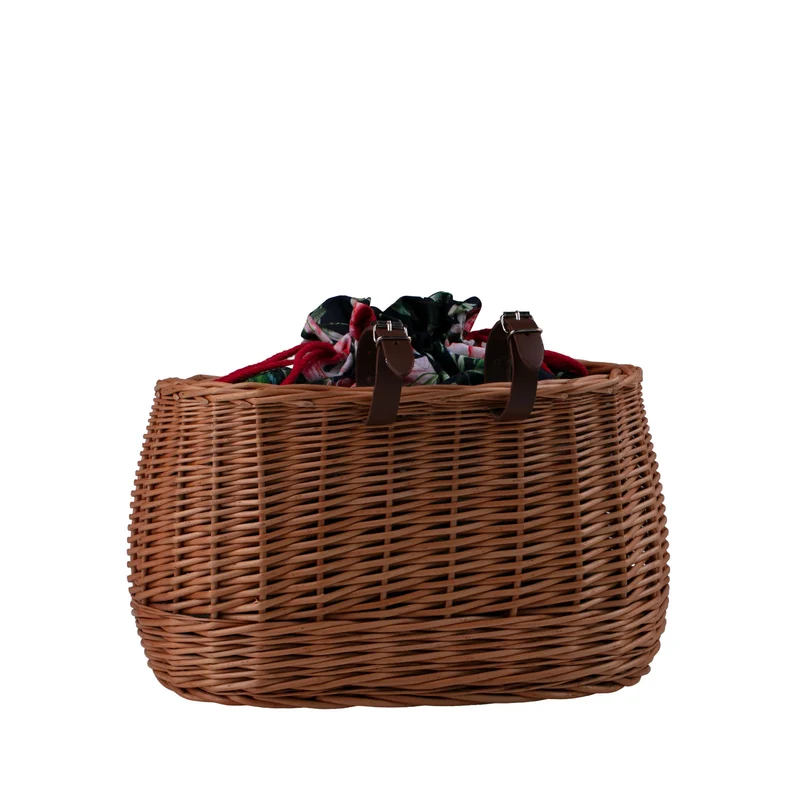Marone wicker bicycle basket with colorful trim, removable liner and leather straps TheWickerStories