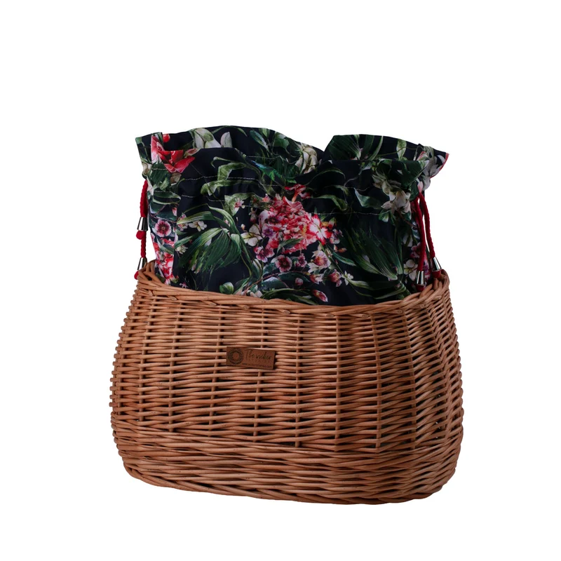 Marone wicker bicycle basket with colorful trim, removable liner and leather straps TheWickerStories