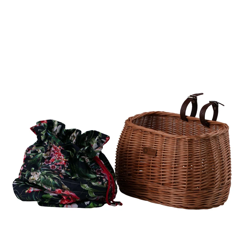 Marone wicker bicycle basket with colorful trim, removable liner and leather straps TheWickerStories