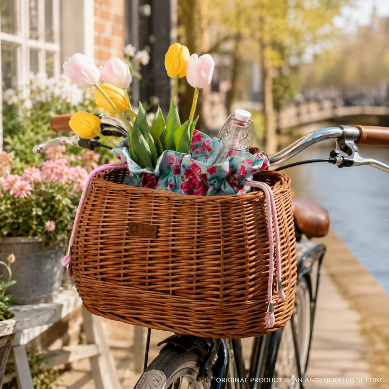 Marone wicker bike basket with colorful trim, removable drawstring liner and leather straps TheWickerStories