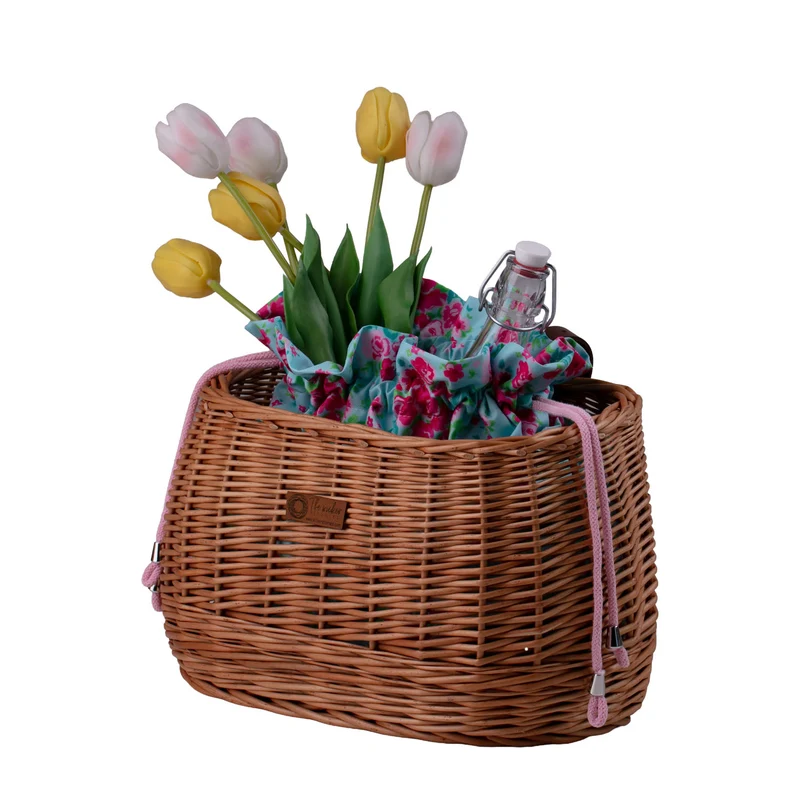Marone wicker bike basket with colorful trim, removable drawstring liner and leather straps TheWickerStories