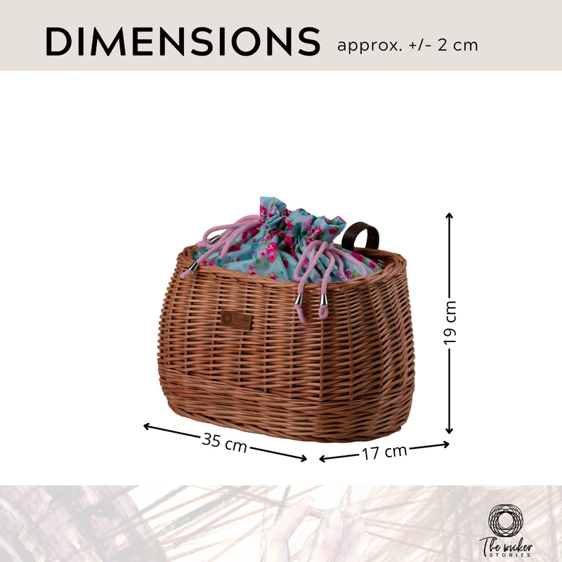 Marone wicker bike basket with colorful trim, removable drawstring liner and leather straps TheWickerStories
