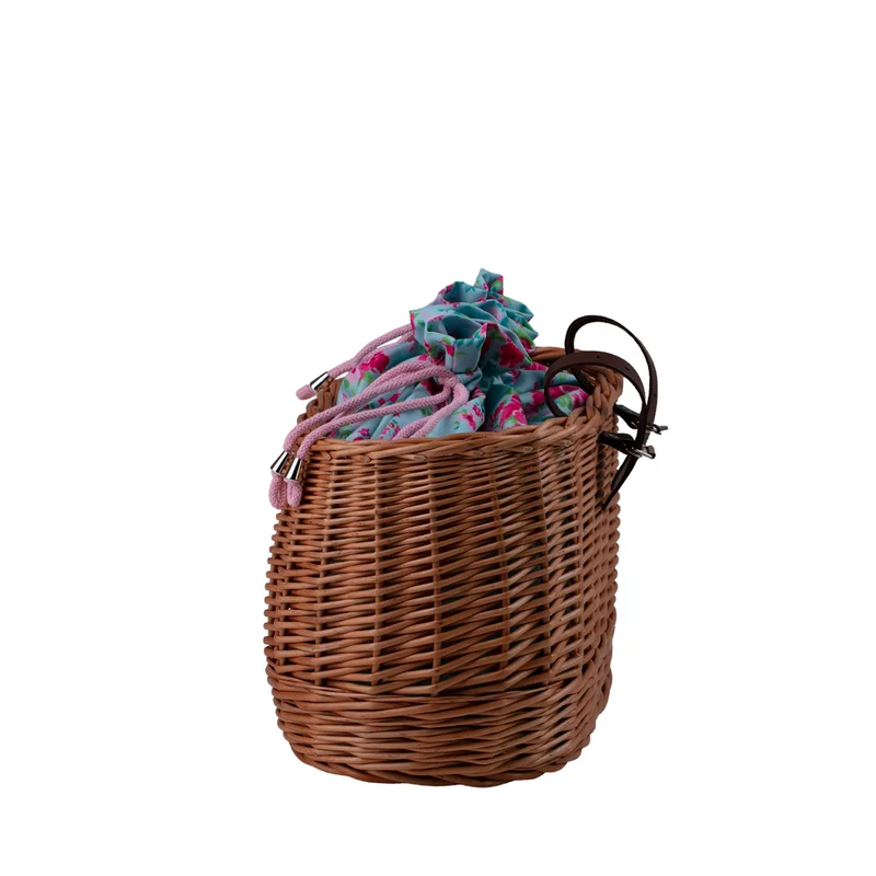 Marone wicker bike basket with colorful trim, removable drawstring liner and leather straps TheWickerStories