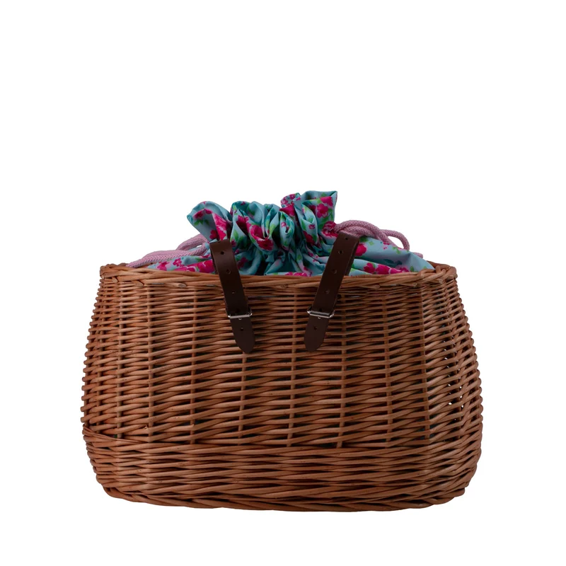 Marone wicker bike basket with colorful trim, removable drawstring liner and leather straps TheWickerStories