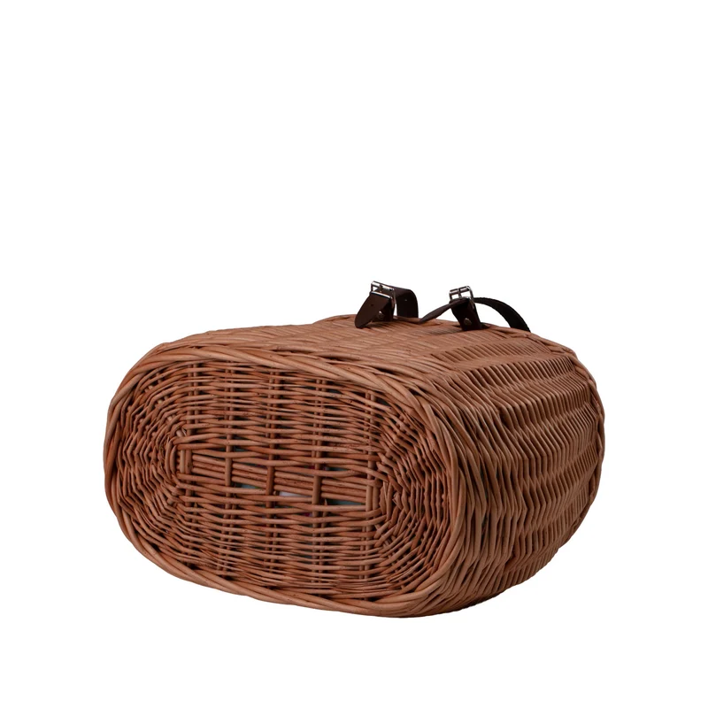 Marone wicker bike basket with colorful trim, removable drawstring liner and leather straps TheWickerStories