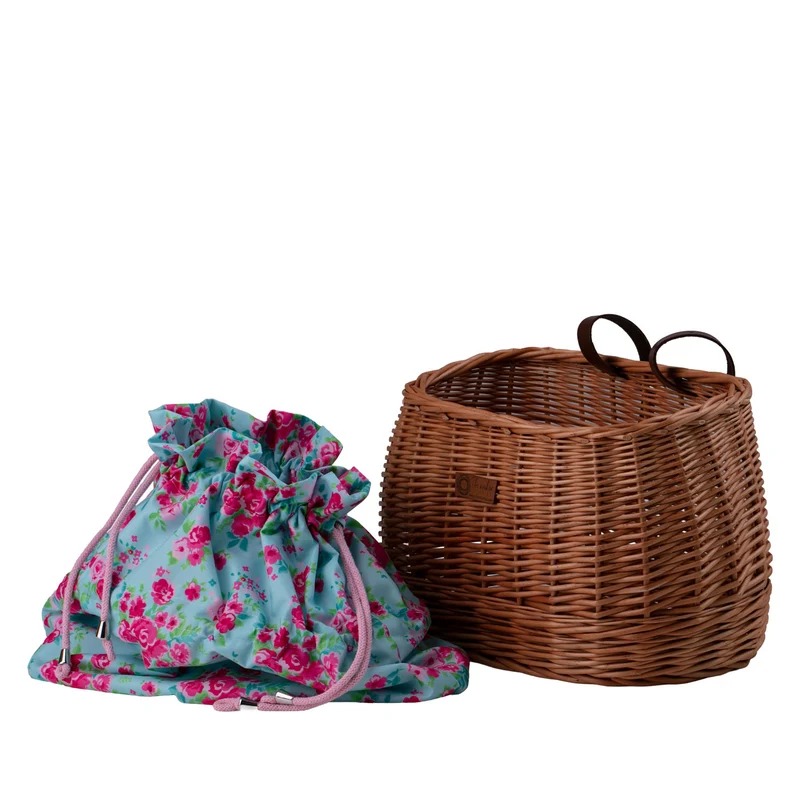 Marone wicker bike basket with colorful trim, removable drawstring liner and leather straps TheWickerStories