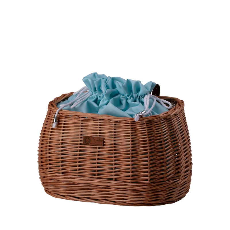Marone wicker bike basket with mint trim, removable liner bag and leather straps TheWickerStories