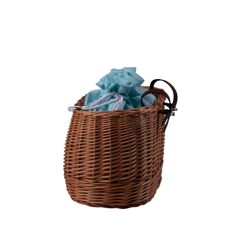 Marone wicker bike basket with mint trim, removable liner bag and leather straps TheWickerStories