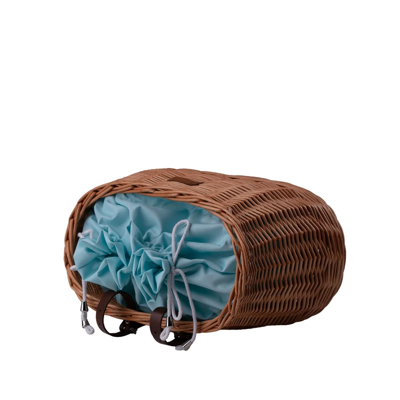Marone wicker bike basket with mint trim, removable liner bag and leather straps TheWickerStories