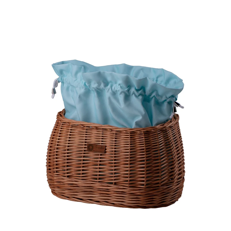 Marone wicker bike basket with mint trim, removable liner bag and leather straps TheWickerStories
