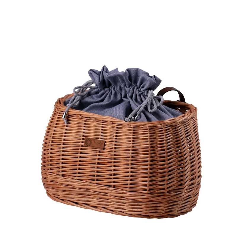 Marone wicker bicycle basket with blue trim, drawstring bag and leather straps TheWickerStories