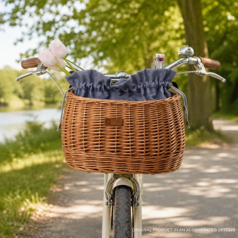 Marone wicker bicycle basket with blue trim, drawstring bag and leather straps TheWickerStories