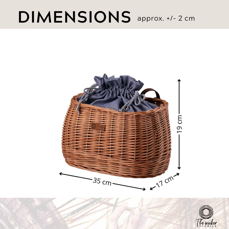 Marone wicker bicycle basket with blue trim, drawstring bag and leather straps TheWickerStories