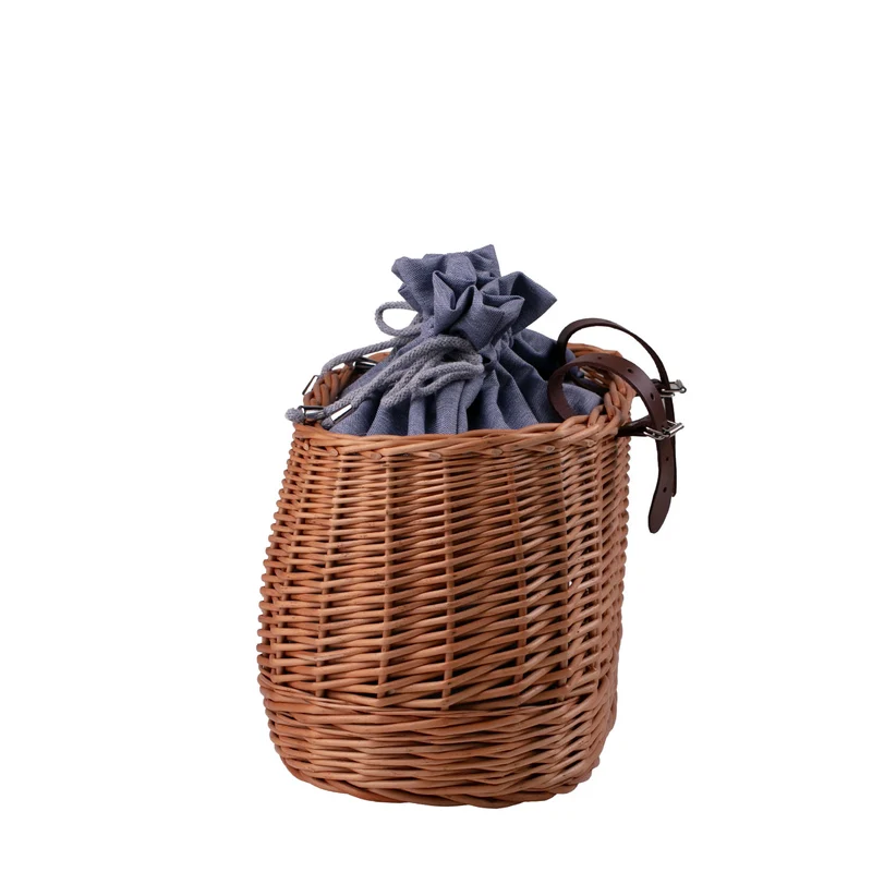 Marone wicker bicycle basket with blue trim, drawstring bag and leather straps TheWickerStories