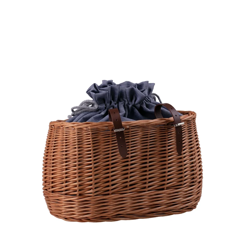 Marone wicker bicycle basket with blue trim, drawstring bag and leather straps TheWickerStories