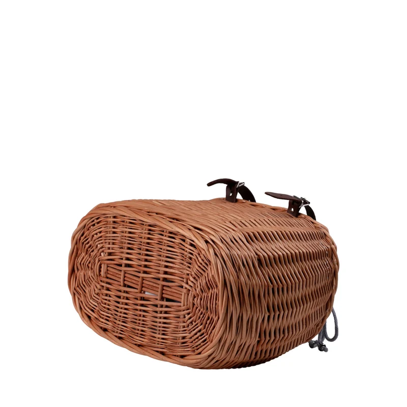 Marone wicker bicycle basket with blue trim, drawstring bag and leather straps TheWickerStories