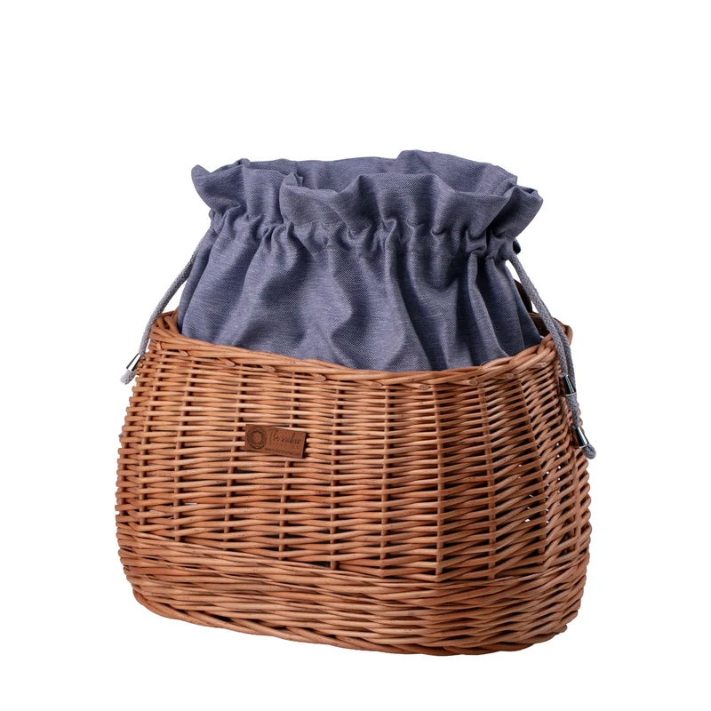 Marone wicker bicycle basket with blue trim, drawstring bag and leather straps TheWickerStories