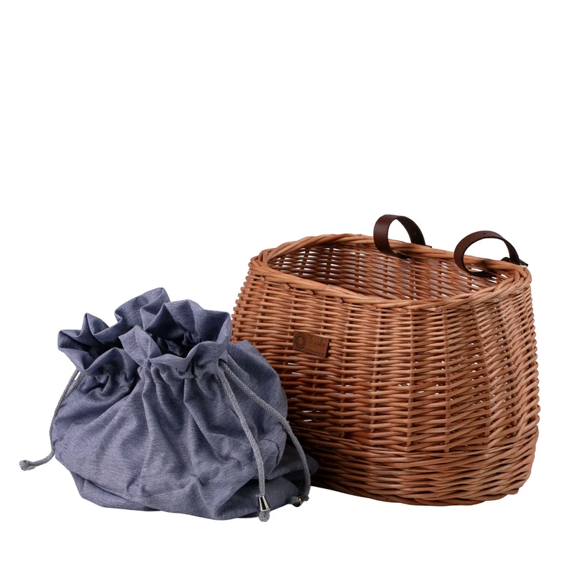 Marone wicker bicycle basket with blue trim, drawstring bag and leather straps TheWickerStories
