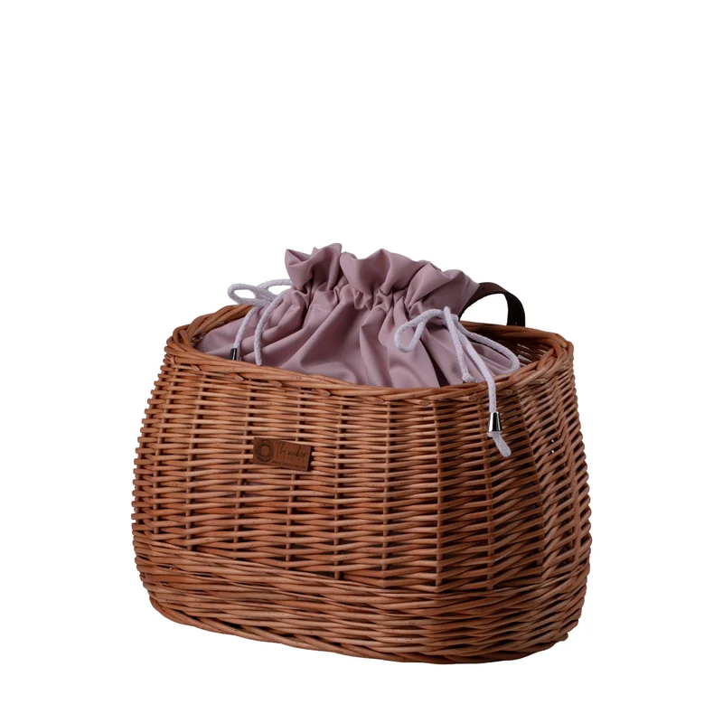 Marone wicker bike basket with pink trim, removable liner and leather straps TheWickerStories