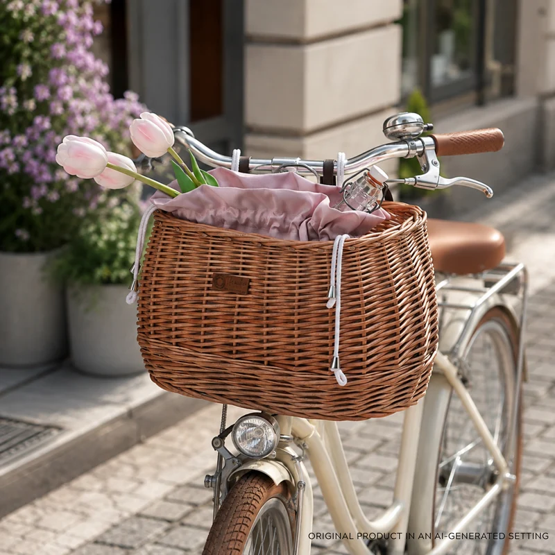 Marone wicker bike basket with pink trim, removable liner and leather straps TheWickerStories