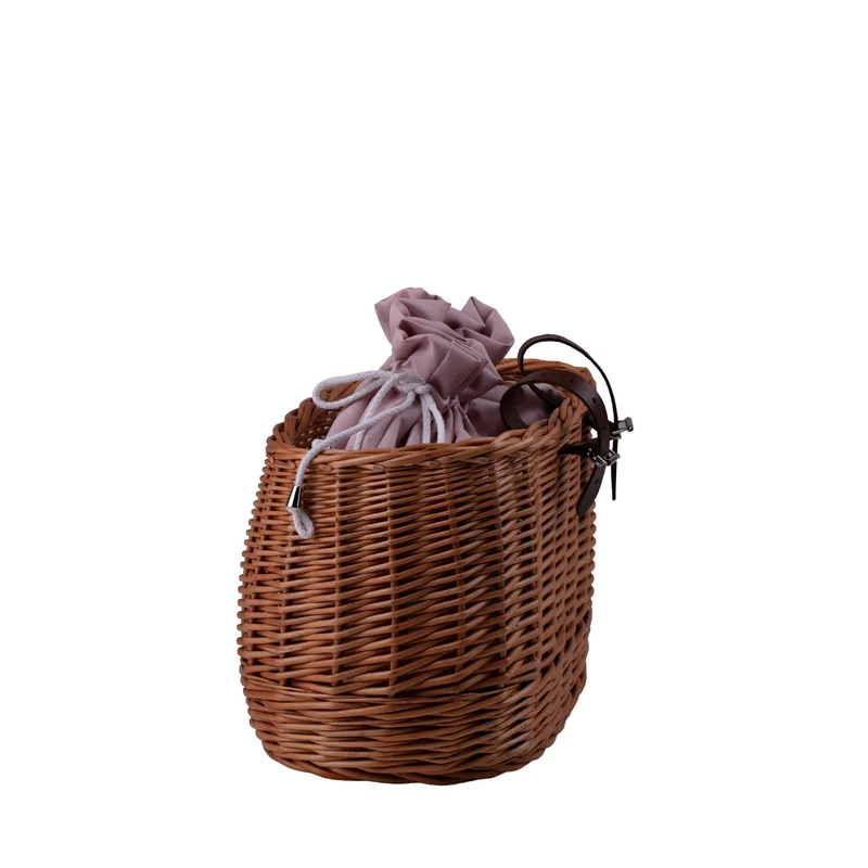 Marone wicker bike basket with pink trim, removable liner and leather straps TheWickerStories