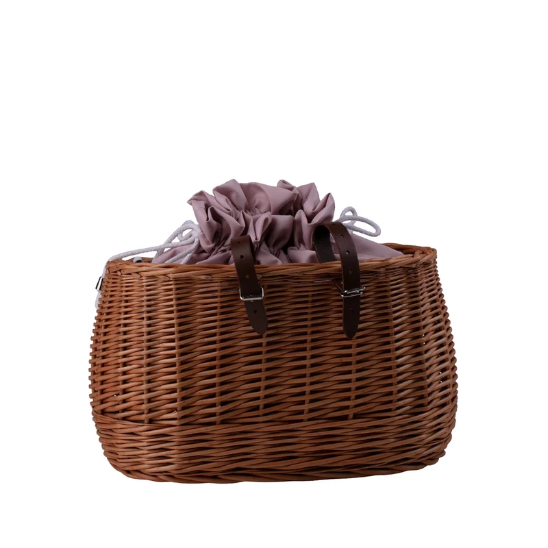 Marone wicker bike basket with pink trim, removable liner and leather straps TheWickerStories