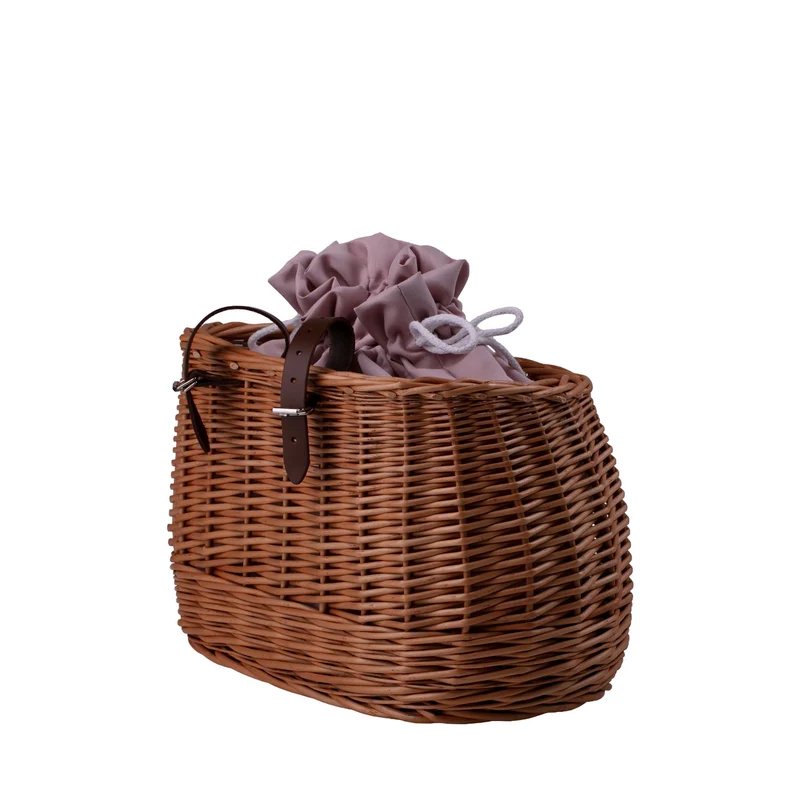 Marone wicker bike basket with pink trim, removable liner and leather straps TheWickerStories