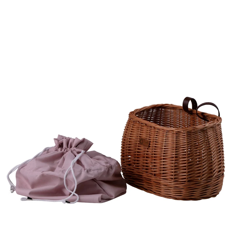 Marone wicker bike basket with pink trim, removable liner and leather straps TheWickerStories