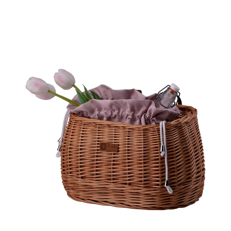 Marone wicker bike basket with pink trim, removable liner and leather straps TheWickerStories