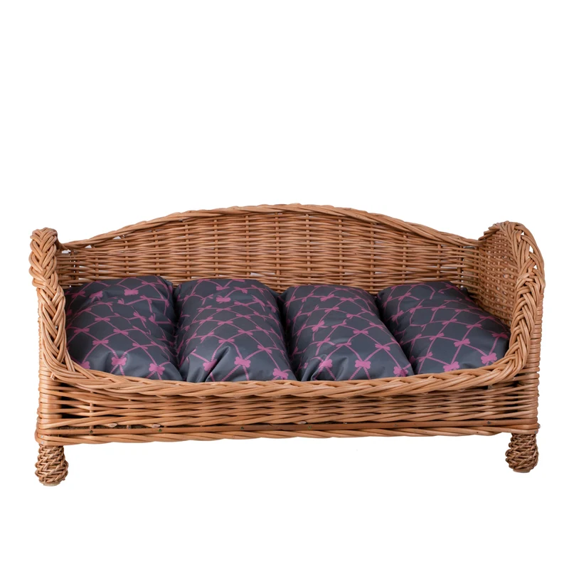 Erivia wicker pet basket for dogs and cats with gray cushion and low entry TheWickerStories