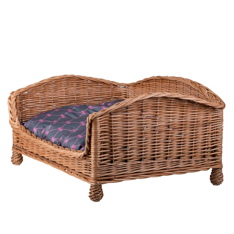 Erivia wicker pet basket for dogs and cats with gray cushion and low entry TheWickerStories