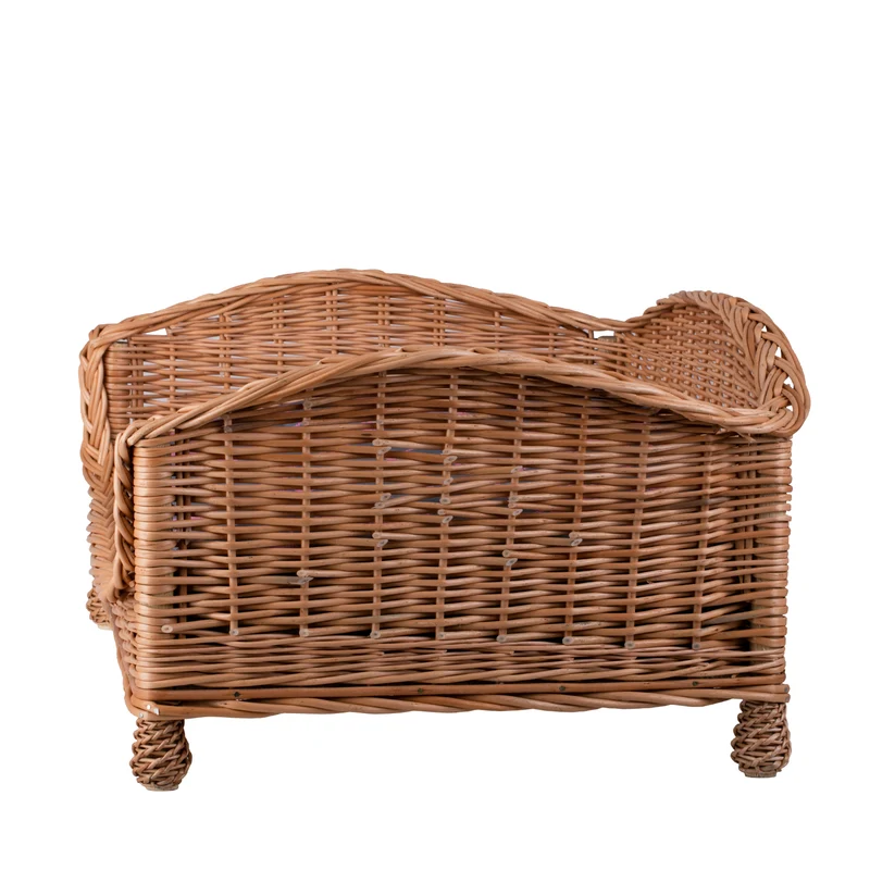 Erivia wicker pet basket for dogs and cats with gray cushion and low entry TheWickerStories