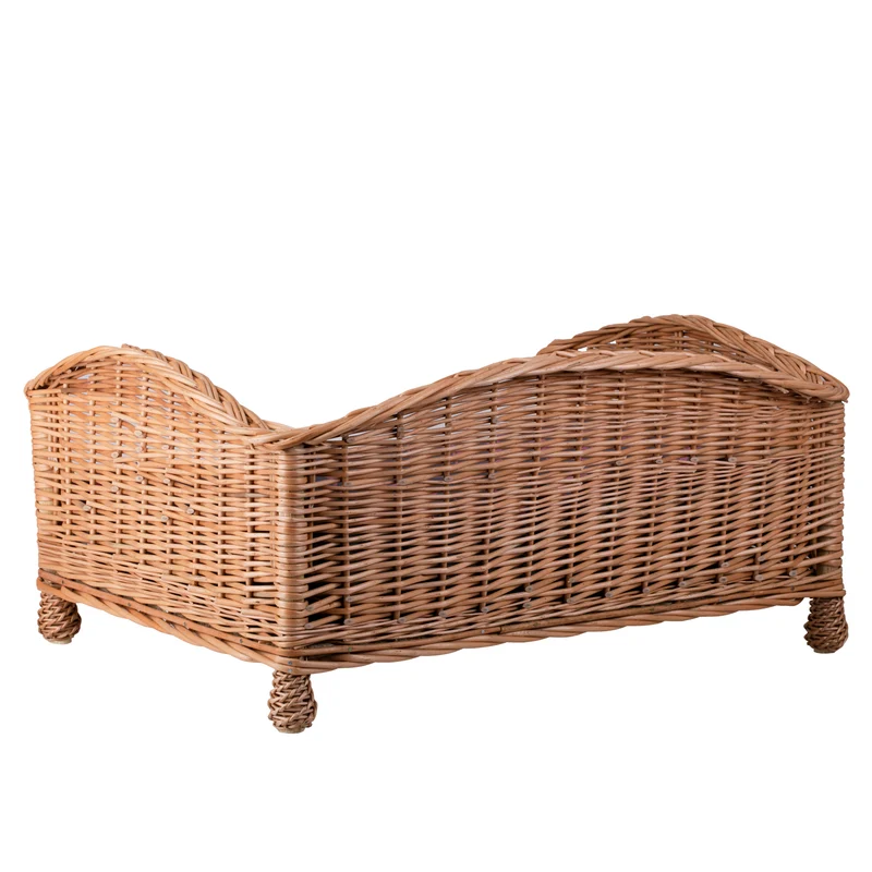 Erivia wicker pet basket for dogs and cats with gray cushion and low entry TheWickerStories