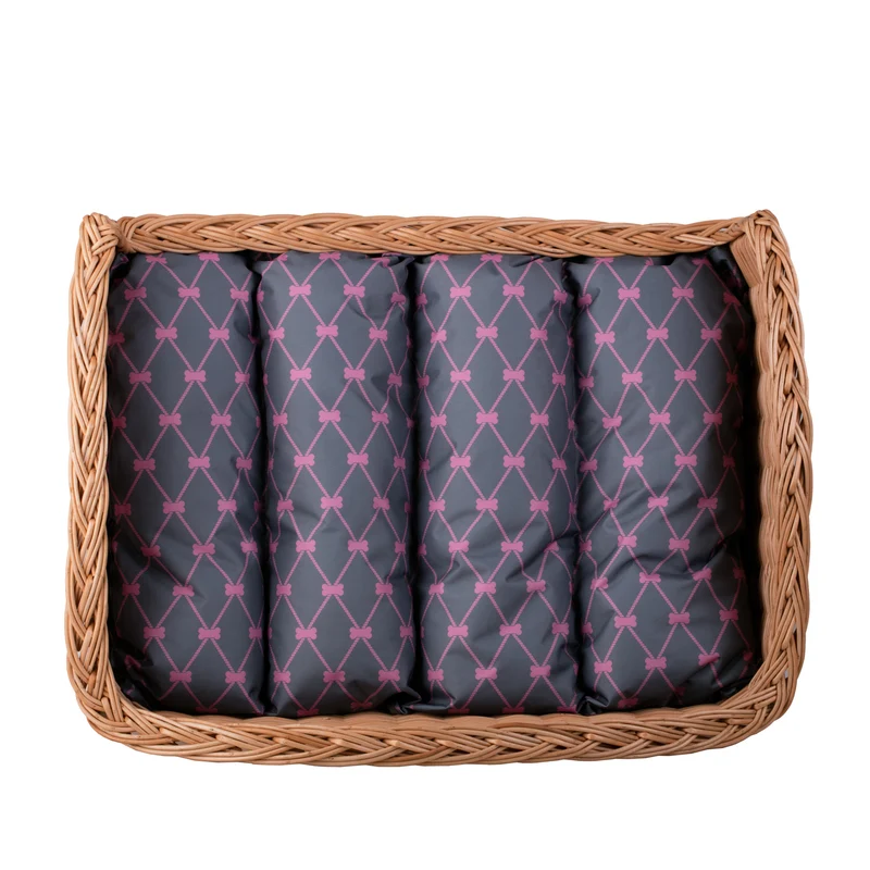 Erivia wicker pet basket for dogs and cats with gray cushion and low entry TheWickerStories