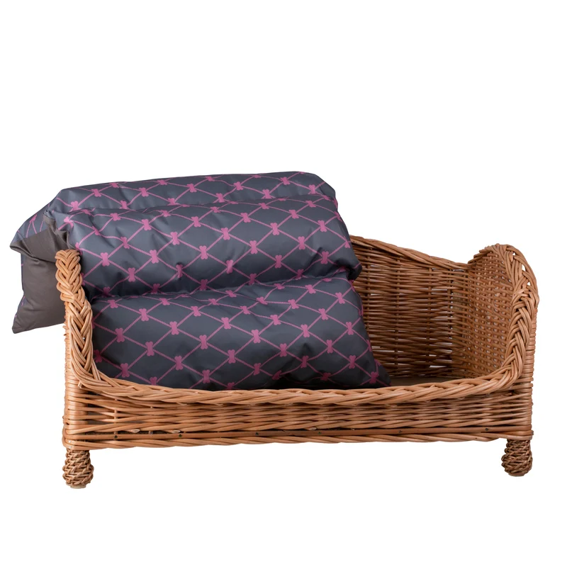 Erivia wicker pet basket for dogs and cats with gray cushion and low entry TheWickerStories