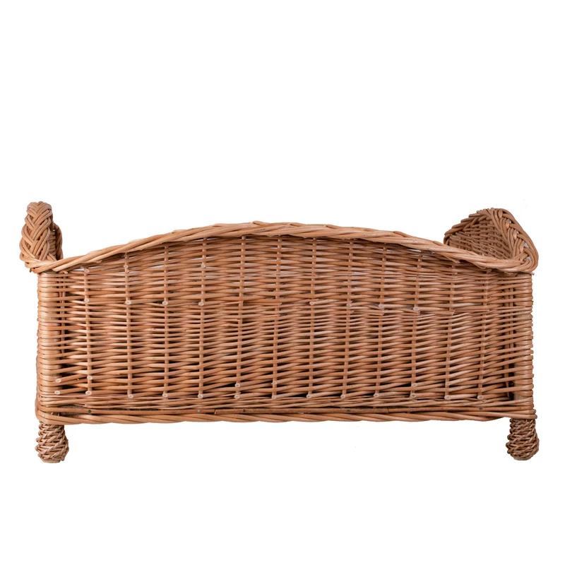 Erivia wicker pet bed for dog and cat with beige cushion and lowered entrance TheWickerStories
