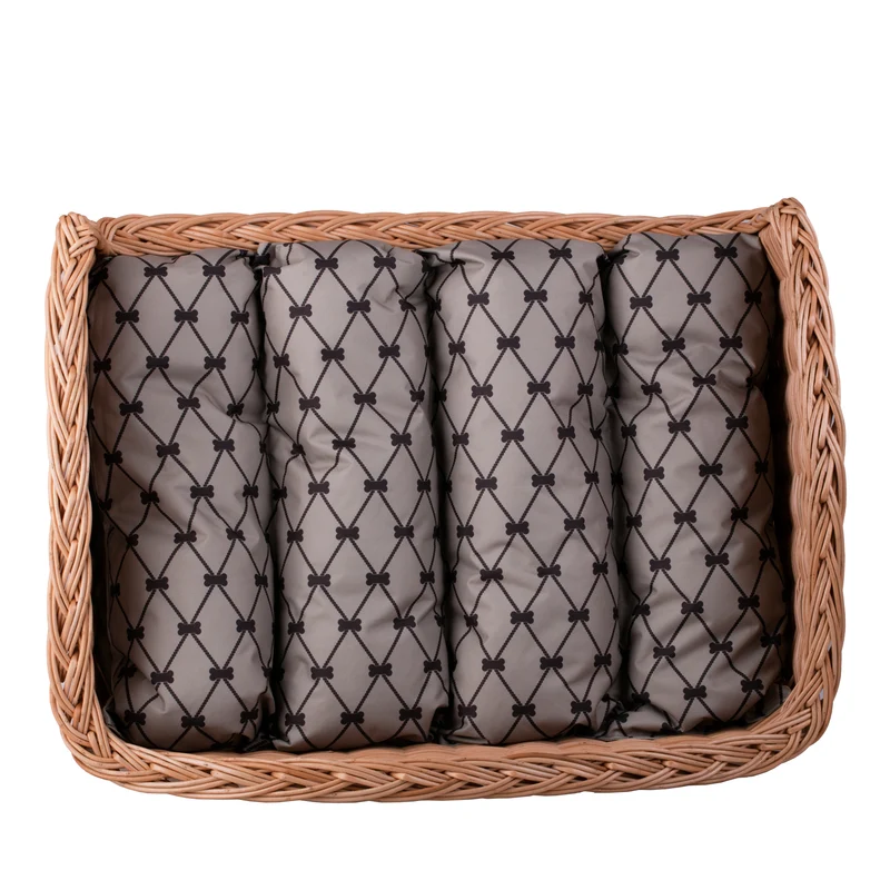 Erivia wicker pet bed for dog and cat with beige cushion and lowered entrance TheWickerStories