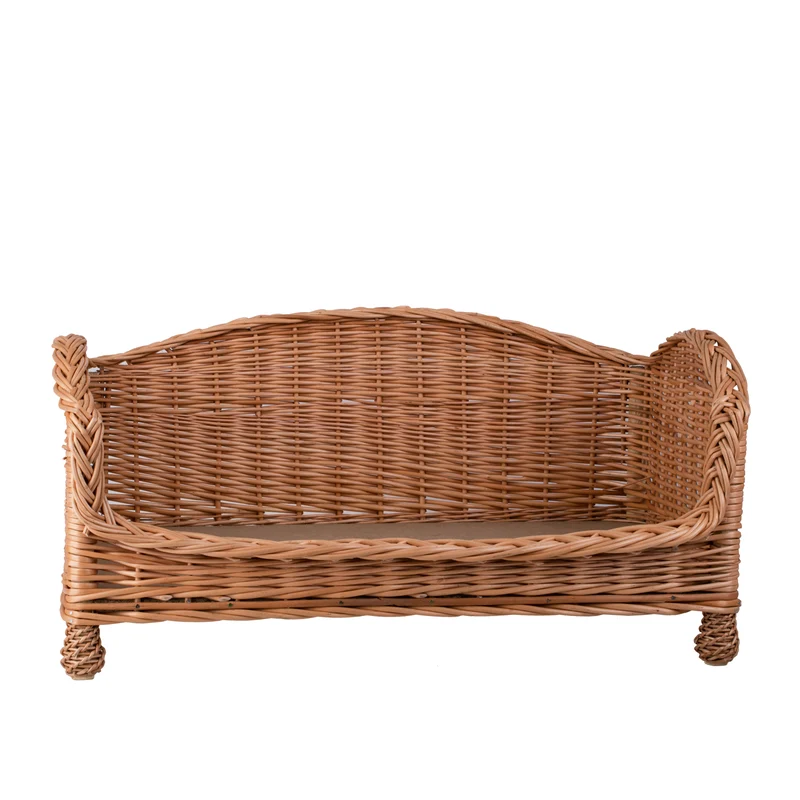 Erivia wicker pet bed for dog and cat with beige cushion and lowered entrance TheWickerStories
