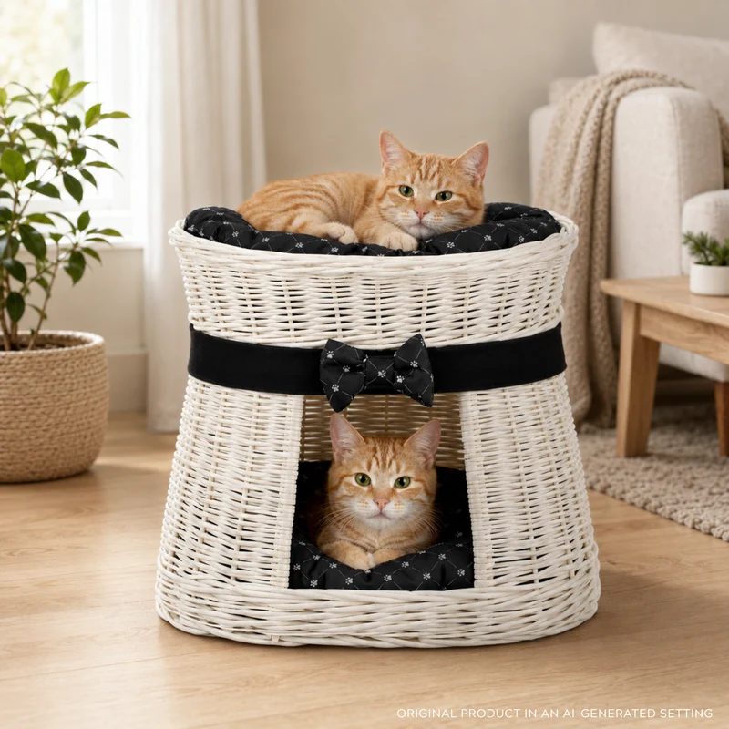 Erif two-level wicker cat house with black cushions and a bow TheWickerStories