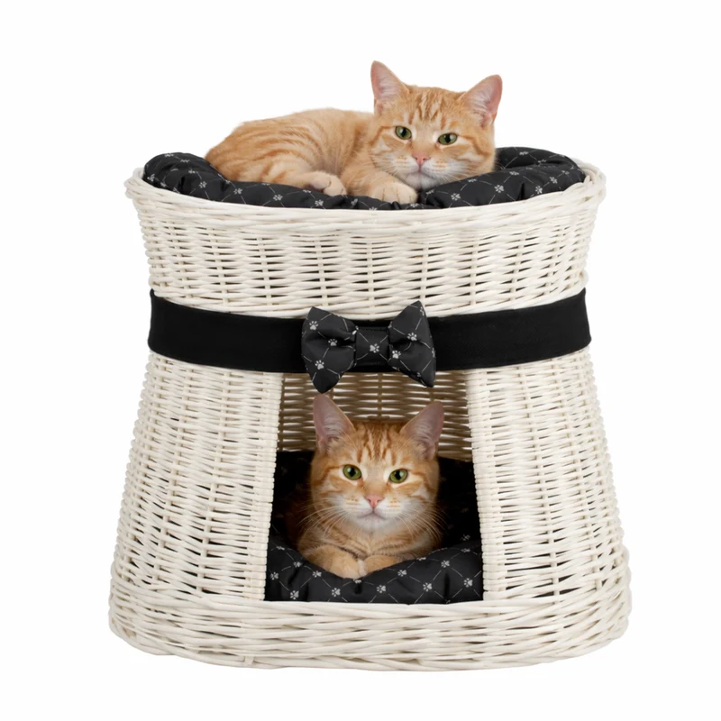 Erif two-level wicker cat house with black cushions and a bow TheWickerStories