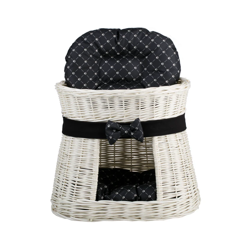 Erif two-level wicker cat house with black cushions and a bow TheWickerStories