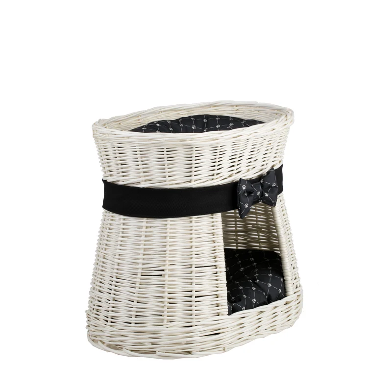 Erif two-level wicker cat house with black cushions and a bow TheWickerStories