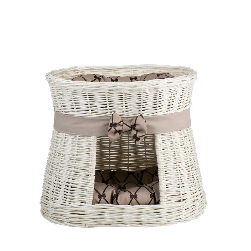 Erif wicker cat house with two levels, beige cushions and a bow TheWickerStories