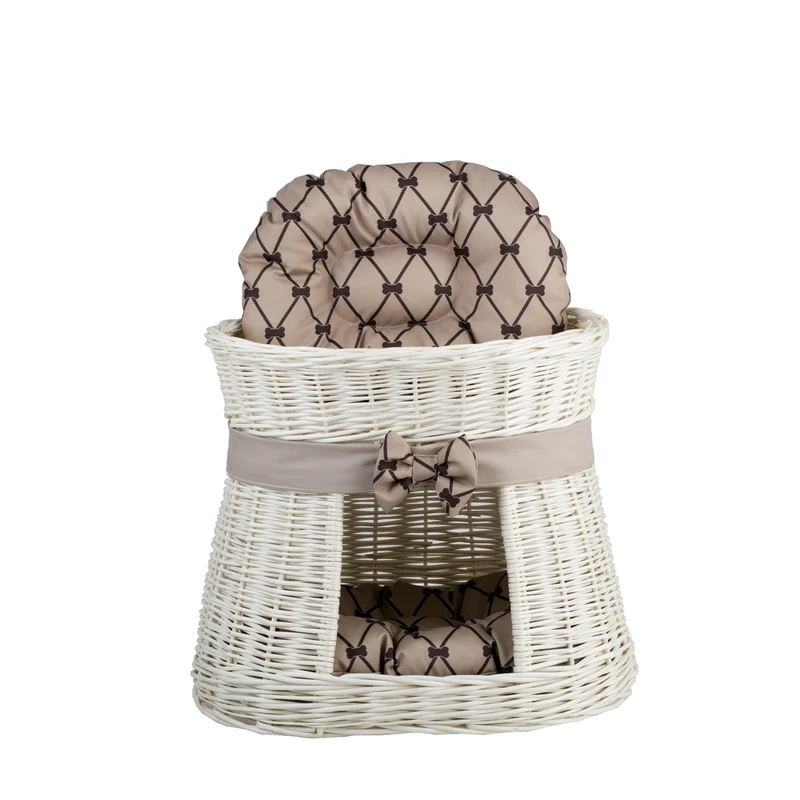 Erif wicker cat house with two levels, beige cushions and a bow TheWickerStories