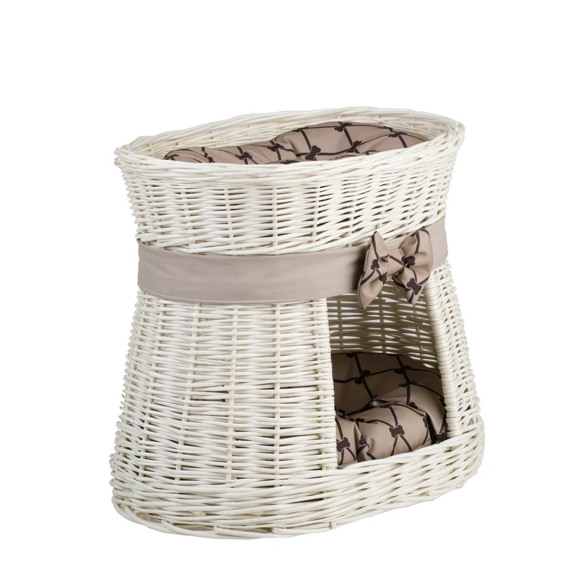 Erif wicker cat house with two levels, beige cushions and a bow TheWickerStories