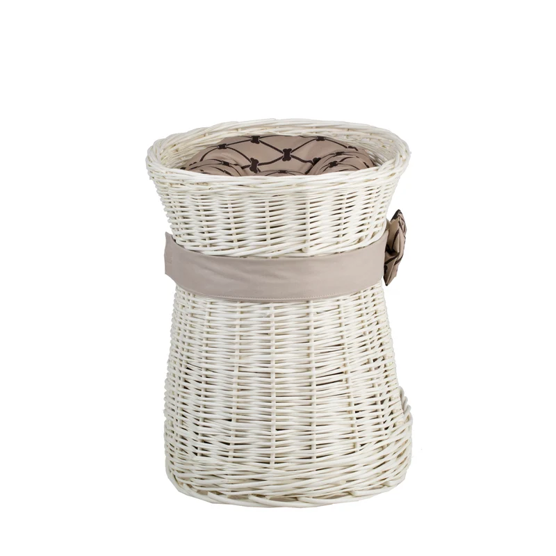 Erif wicker cat house with two levels, beige cushions and a bow TheWickerStories