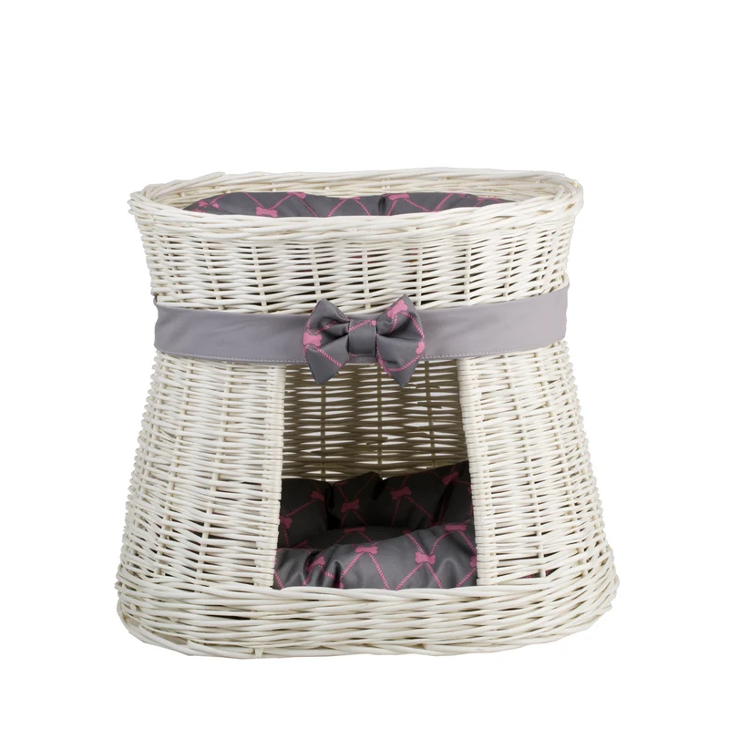 Erif wicker cat house with cushions and bow, two-tier TheWickerStories