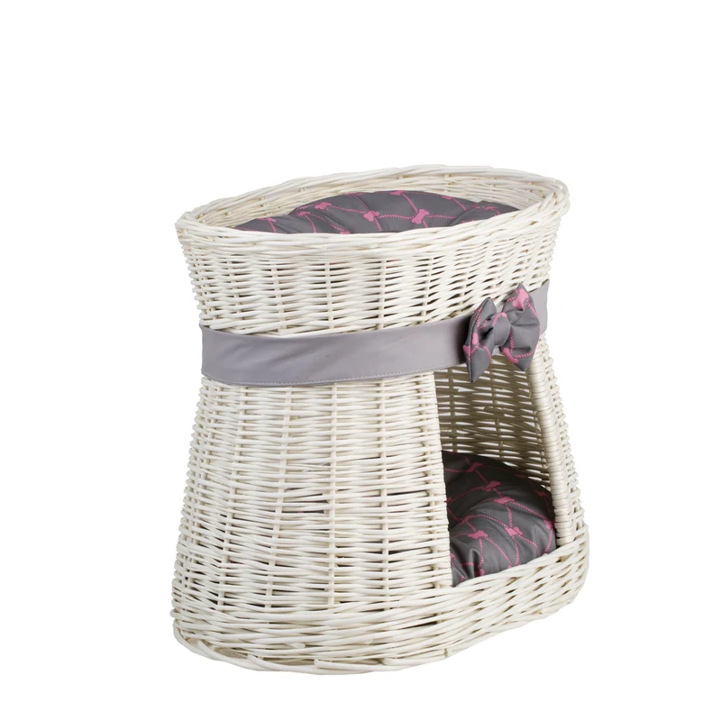 Erif wicker cat house with cushions and bow, two-tier TheWickerStories