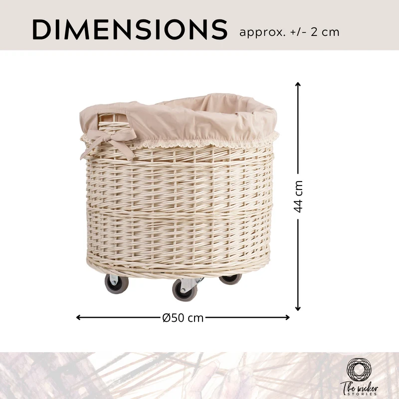 Caros large, round, mobile storage basket, wicker display basket with trim TheWickerStories