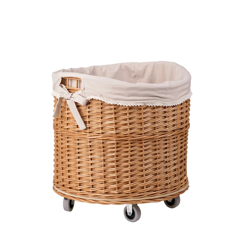 Caros large, round, mobile storage basket — wicker display basket with fabric lining by TheWickerStories
